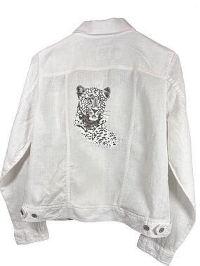 Custom-Embroidered White Linen Jacket, Size Women's M
